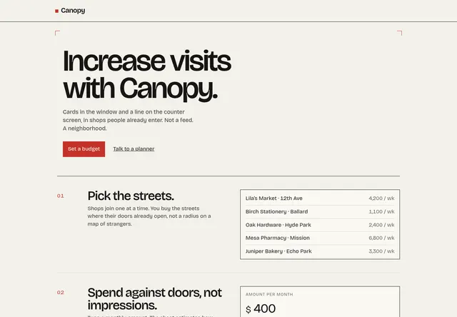 Home page of the Canopy website