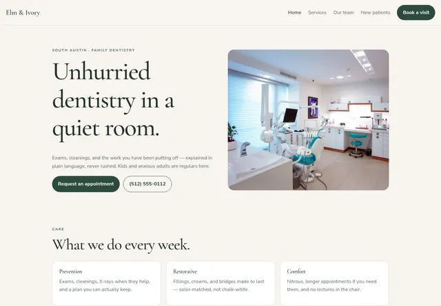 Home page of the Elm & Ivory Dental website