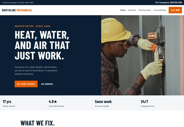 Home page of the Northline Mechanical website